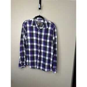 Blue Brown Mens Purple Plaid Shirt XL long sleeve button up collared rayon‎